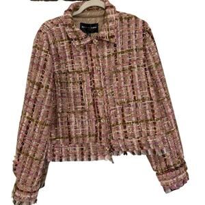 Adrienne Landau Tweed Cropped Pink & Gold Blazer Coat XL NWT